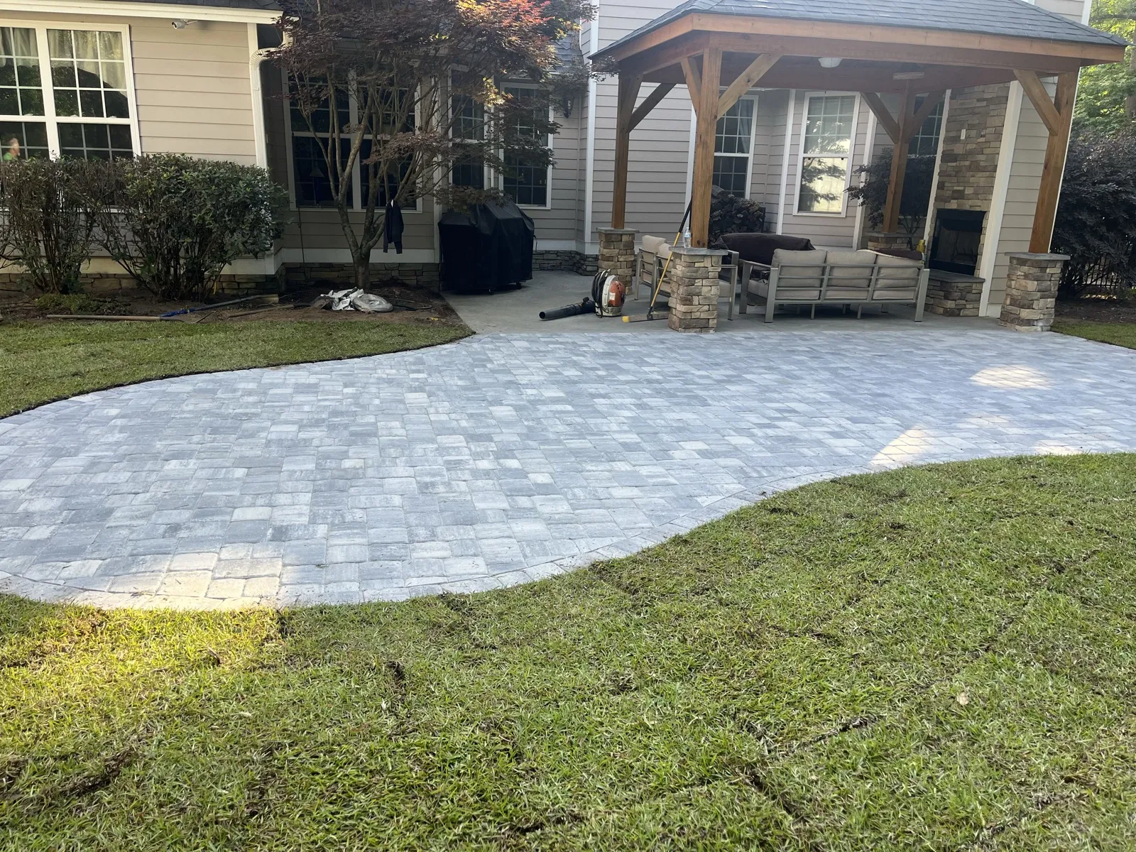 Paver patio with timber-frame pavilion designed and built in Valdosta