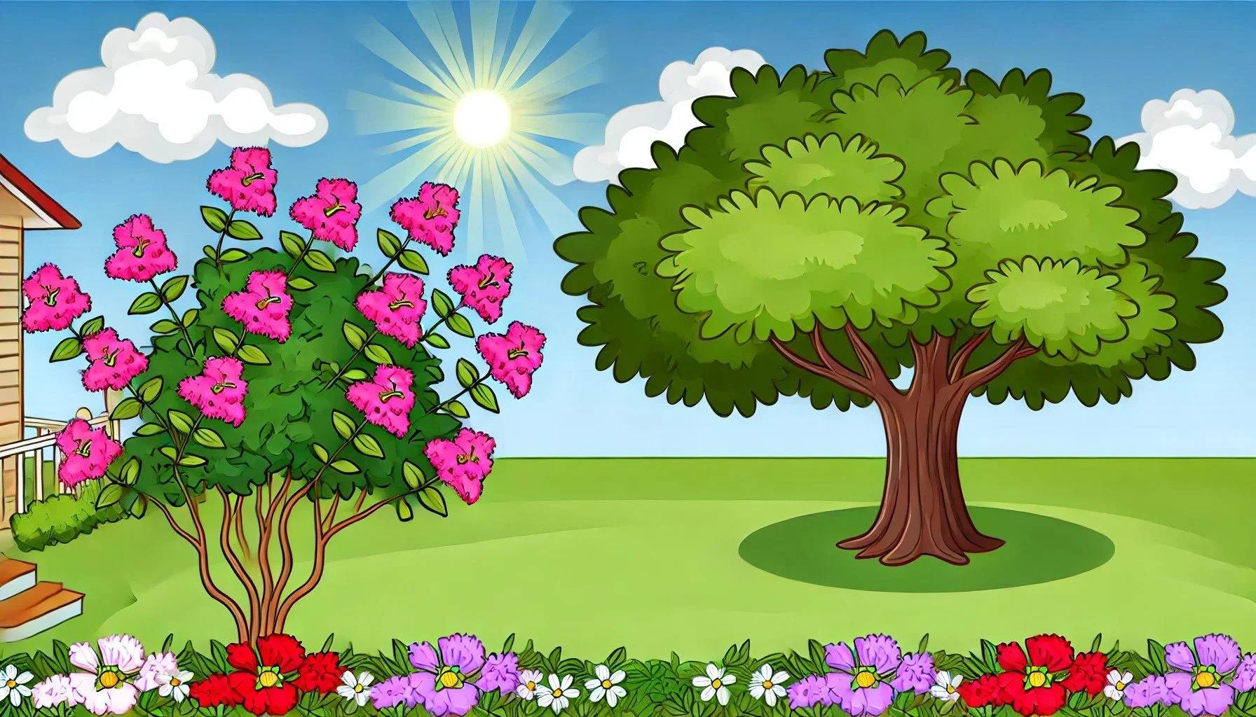 A cartoon image featuring a Southern backyard with a Crepe Myrtle and a Southern Oak tree