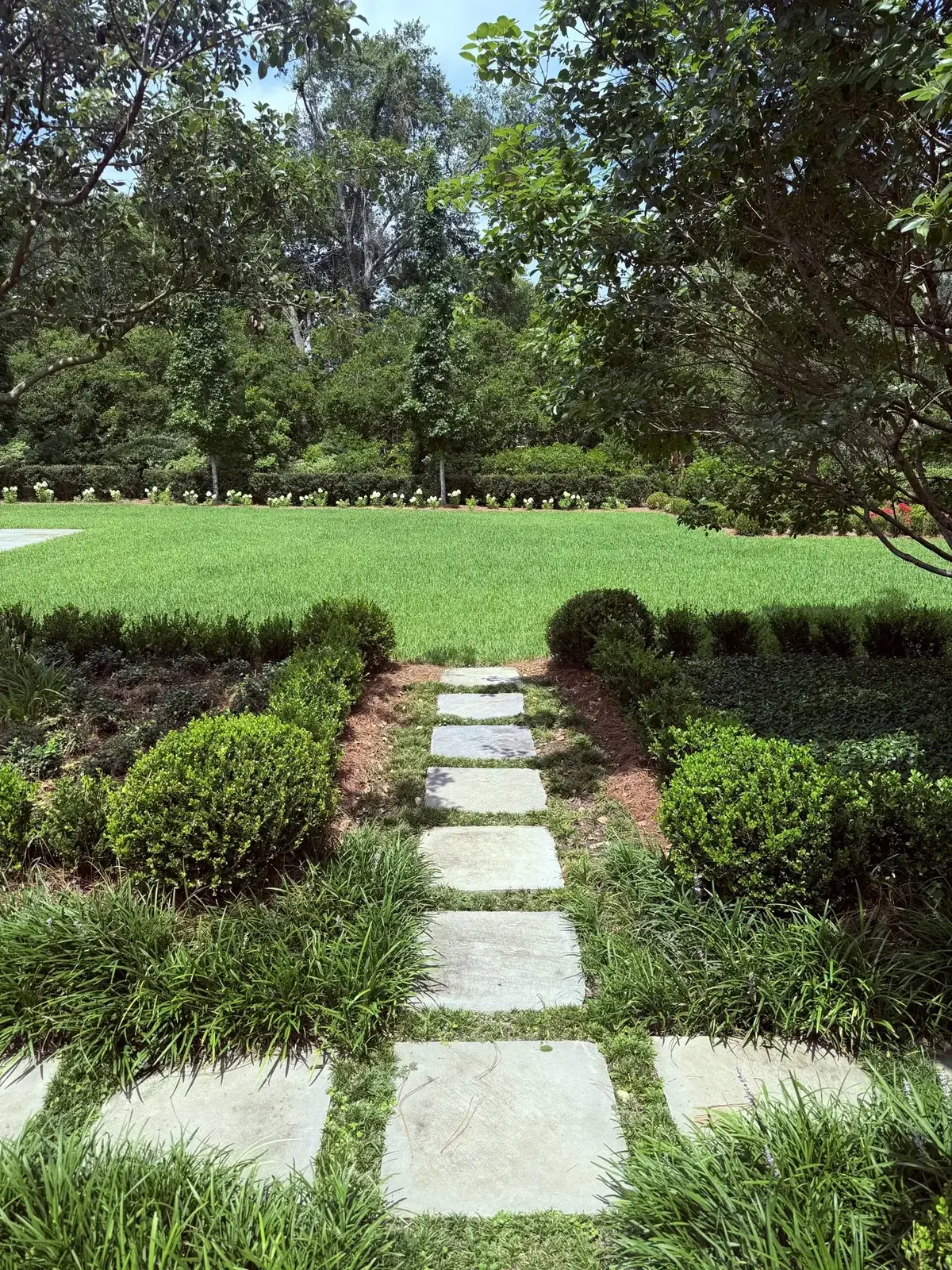 Stepping stone path through boxwood hedges