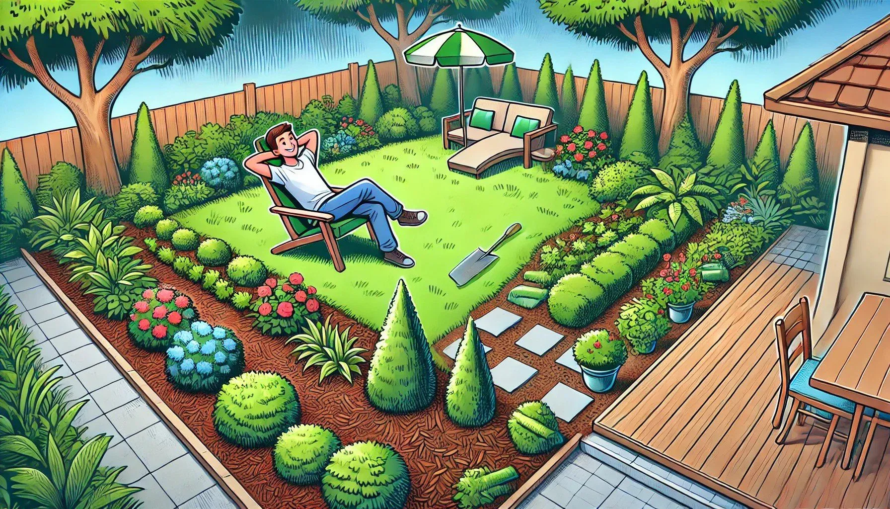 A cartoon showing a transformed shady area with ground cover, mulched beds, and a small patio with a satisfied homeowner