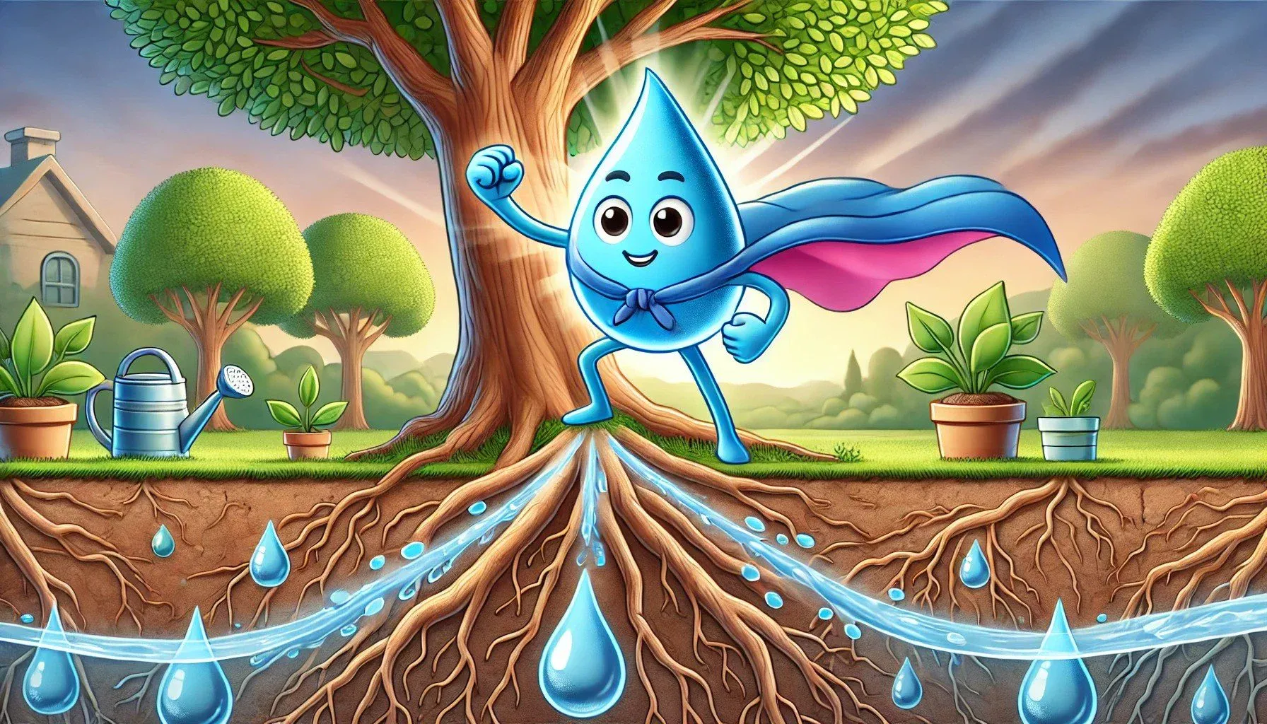 A cartoon of a water droplet superhero showing smart watering in action