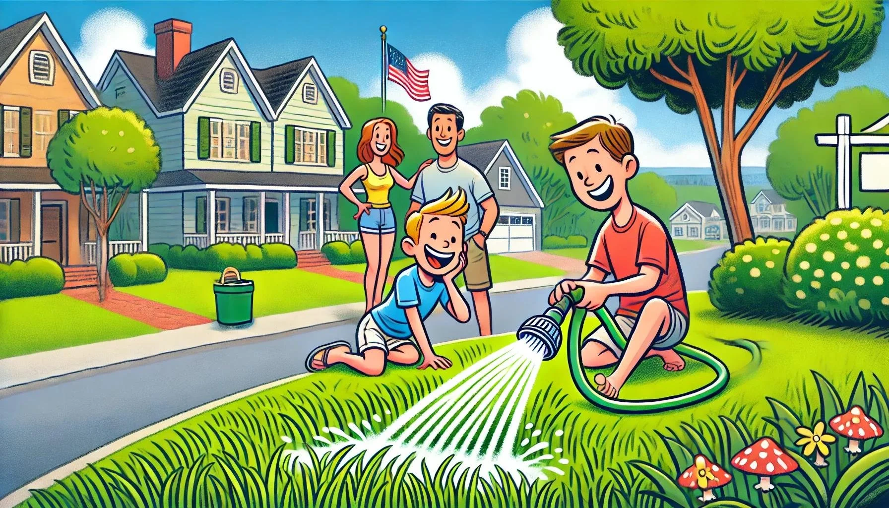 Watering a lawn in summer