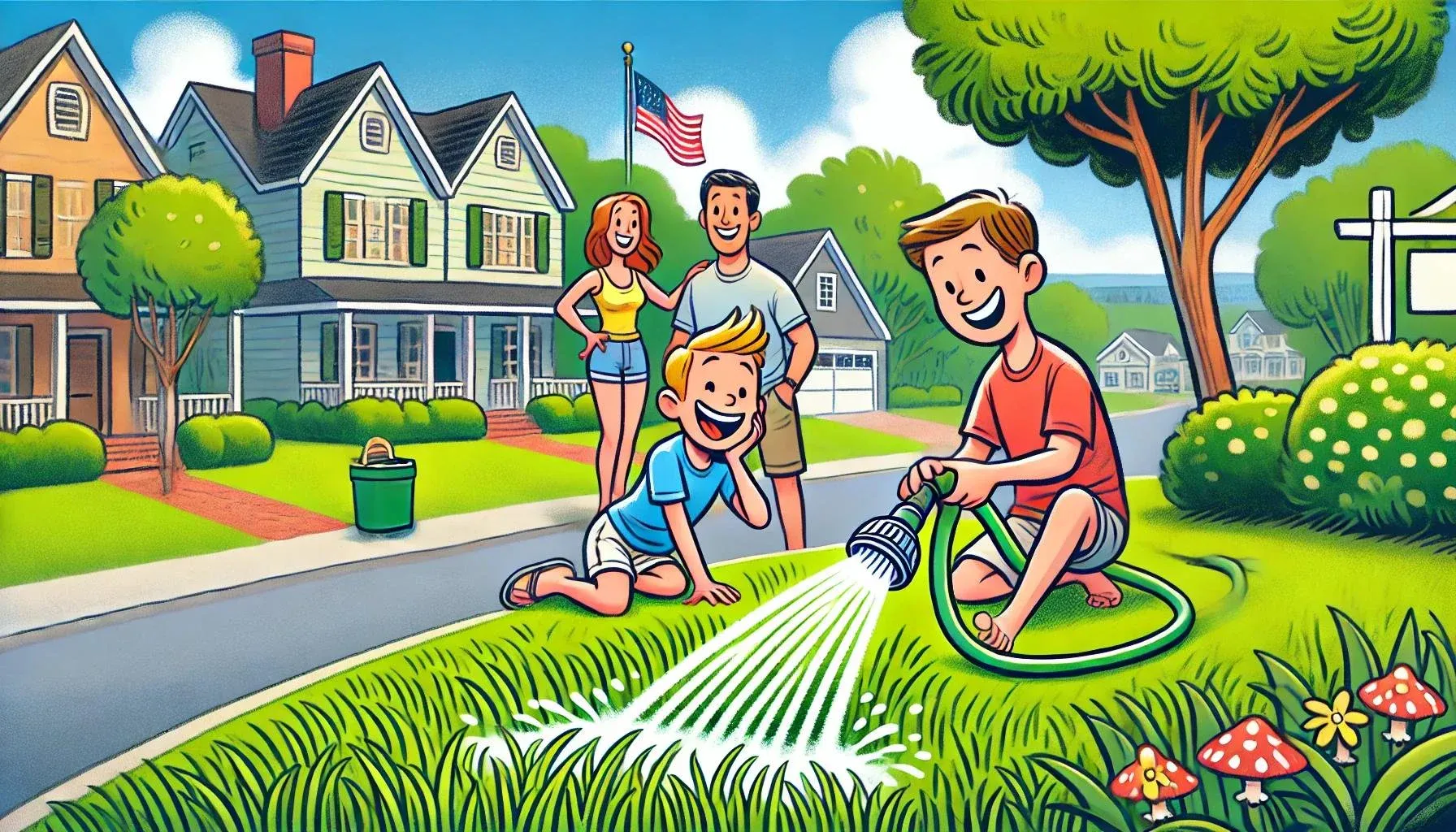 Watering a lawn in summer